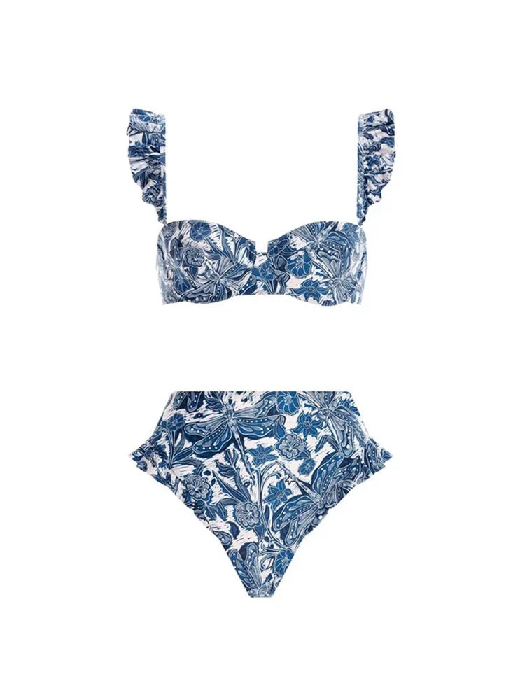 Women's blue dragonfly print ruffle bikini set — detail