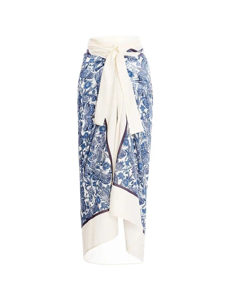 Women's blue dragonfly print ruffle bikini set — full length