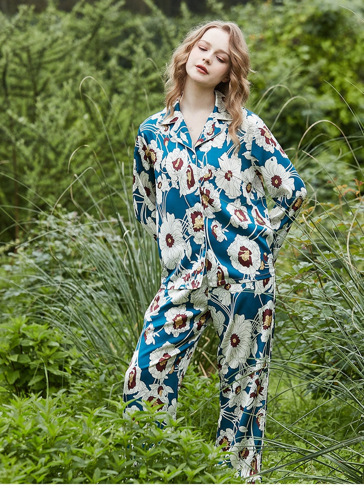 Women's blue floral print ice-silk loungewear set — alternate angle