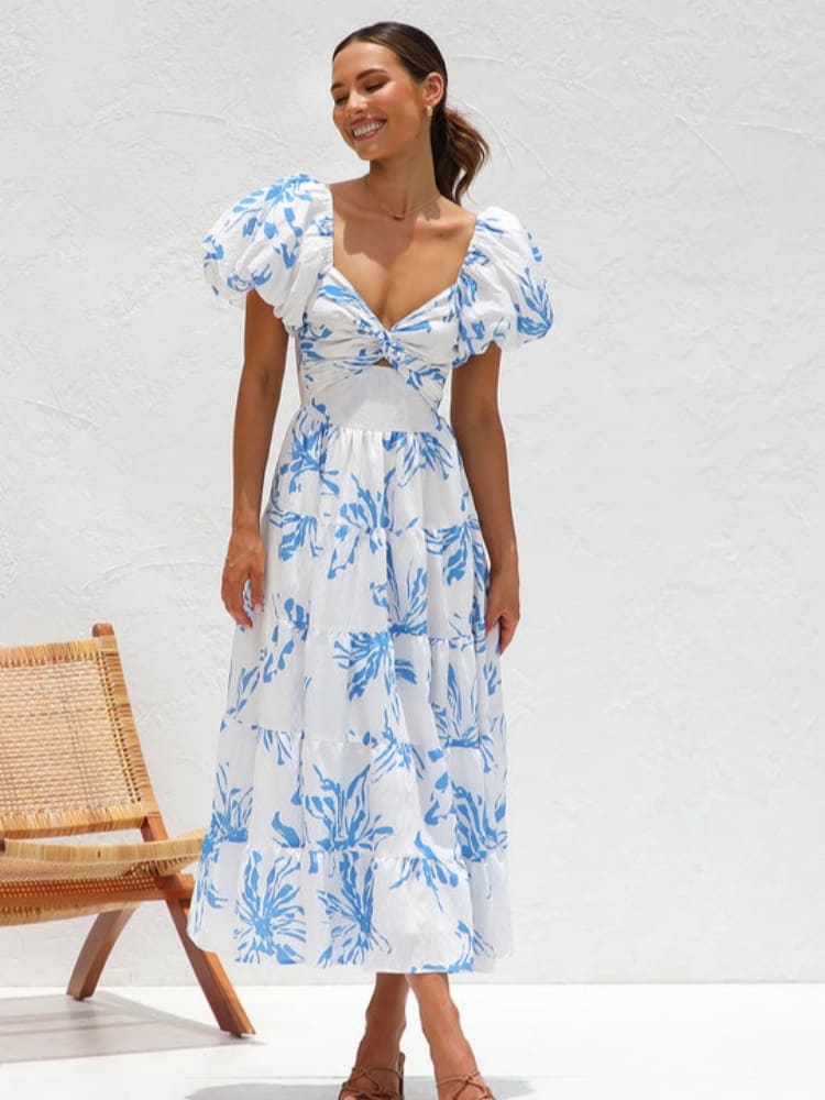 Women's blue floral twist-front midi dress