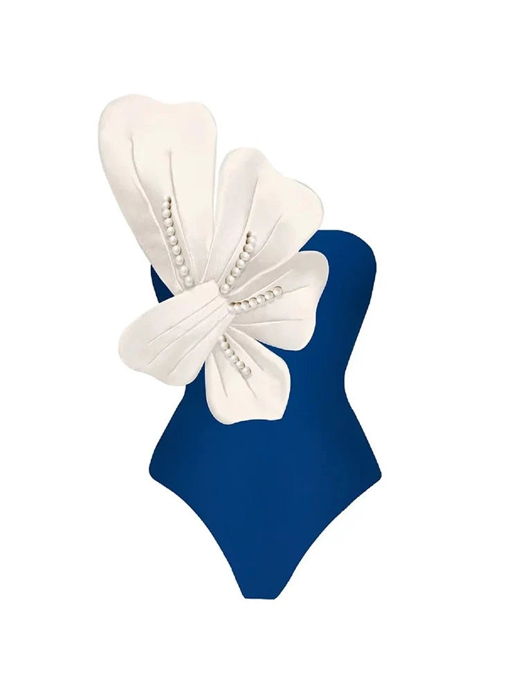 Women's blue floral pearl swimsuit set — front detail