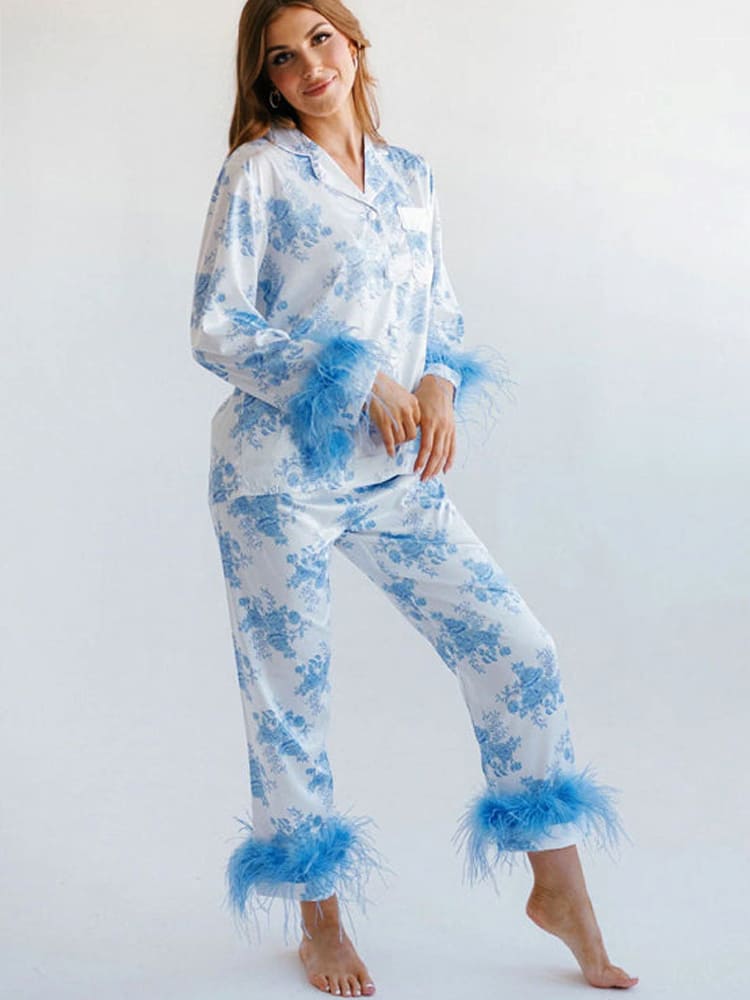 Women's blue floral print satin pyjama set