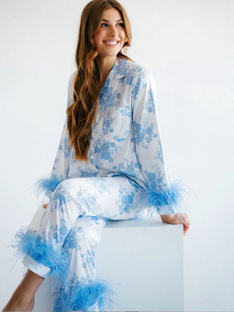 Women's blue floral print satin pyjama set — alternate angle