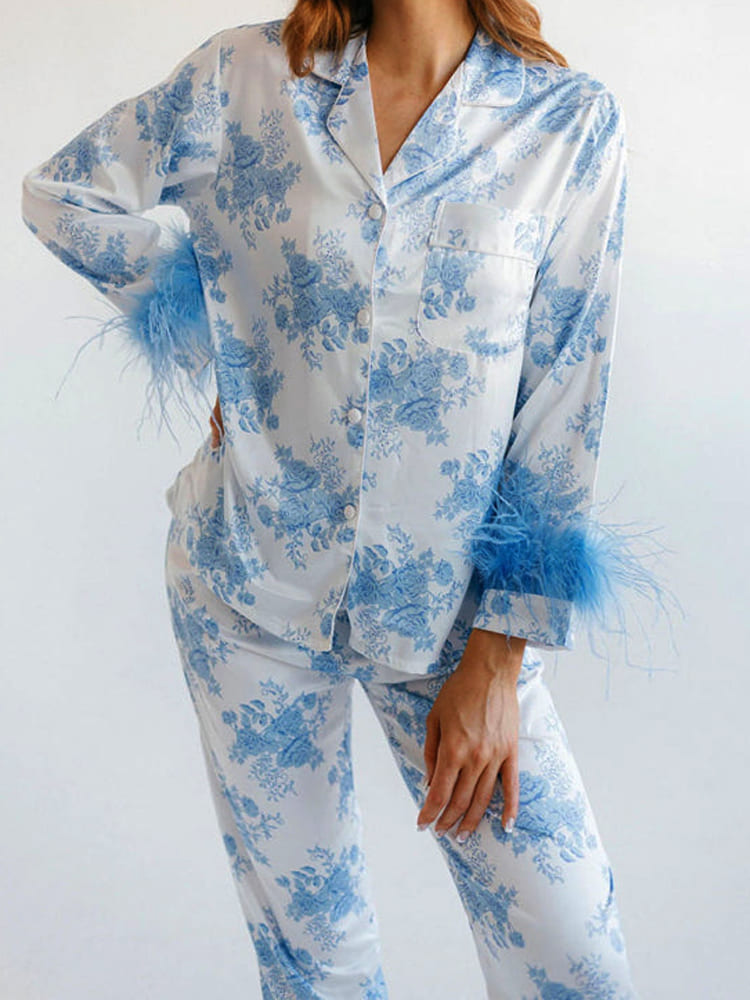 Women's blue floral print satin pyjama set — detail