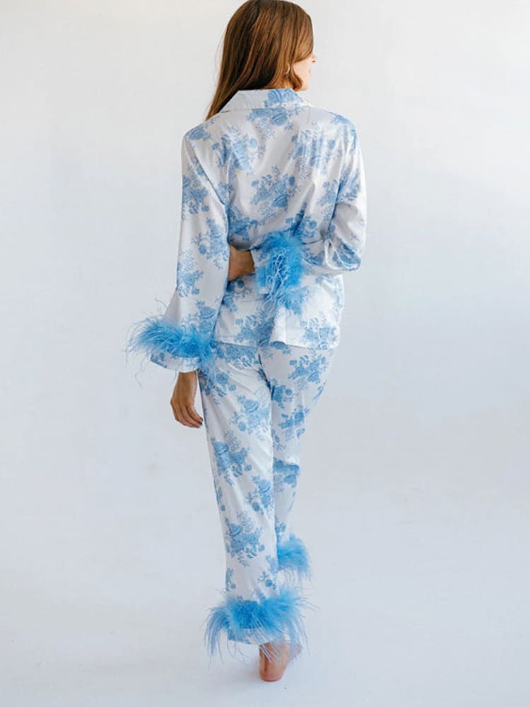 Women's blue floral print satin pyjama set — full length