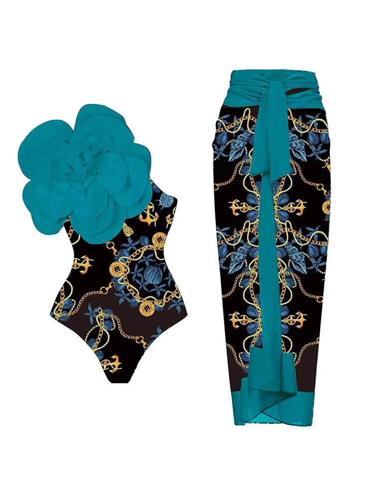 Women's blue floral 3D flower swimsuit