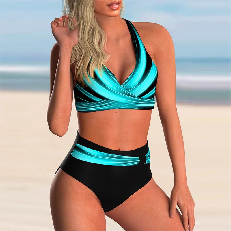 Women's blue high-waist halter bikini set — alternate angle