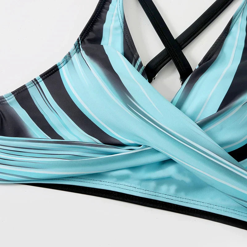 Women's blue high-waist halter bikini set — detail