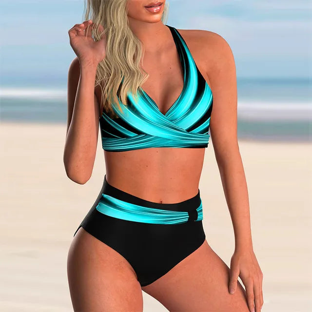 Women's blue high-waist halter bikini set — back view
