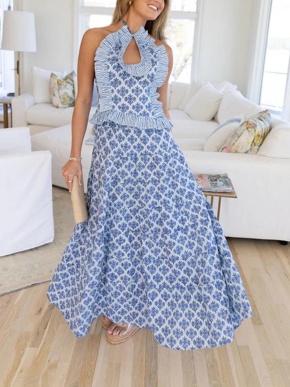 Women's blue halterneck skirt set — styled look