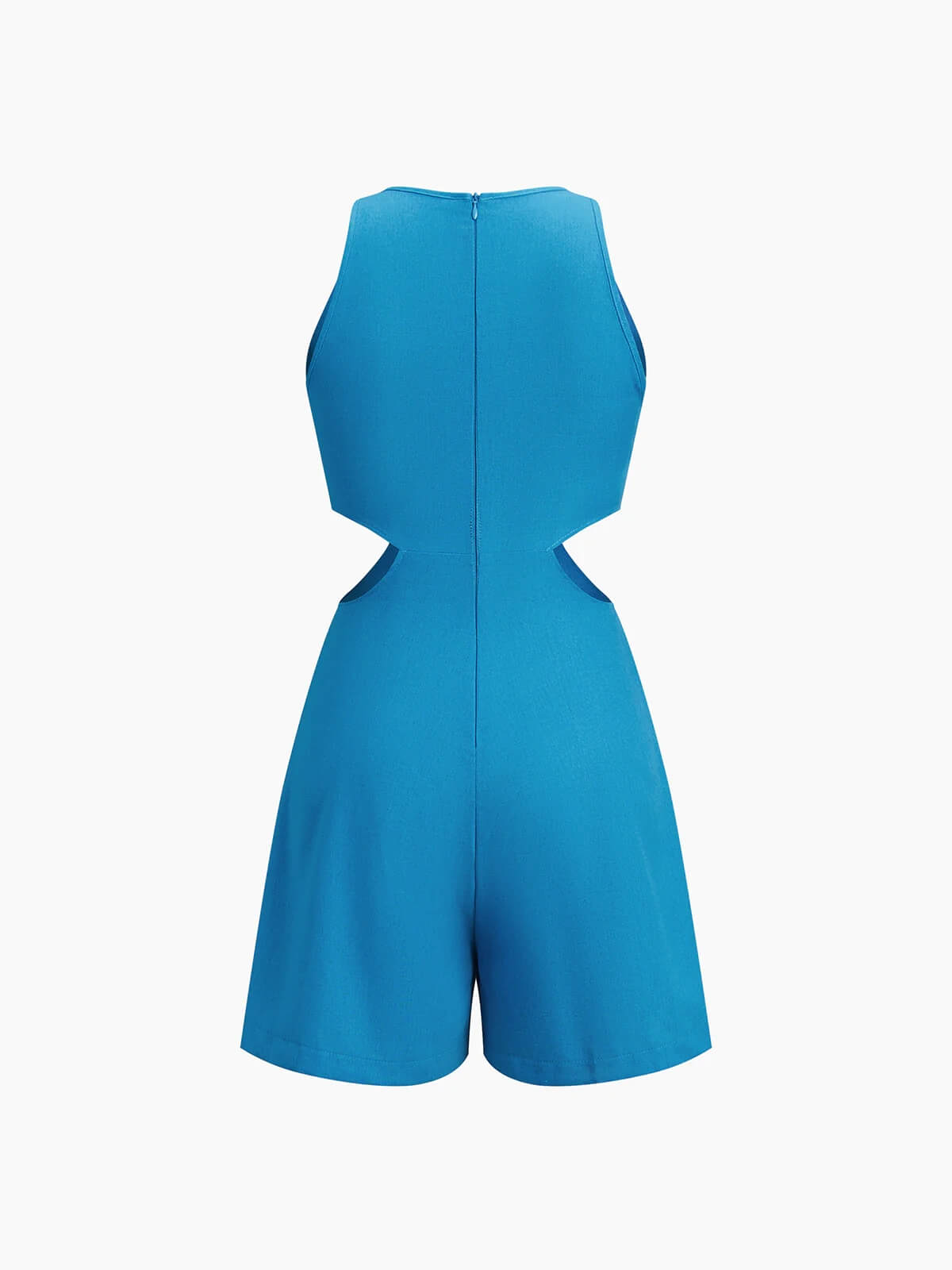 Women's blue O-ring cut-out romper — worn view