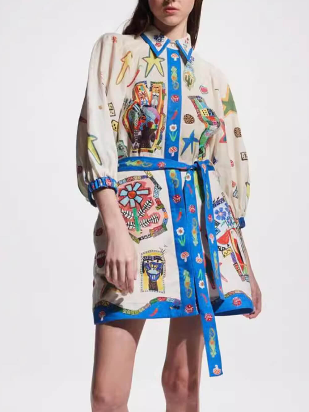 Women's blue peplum printed cardigan mini dress
