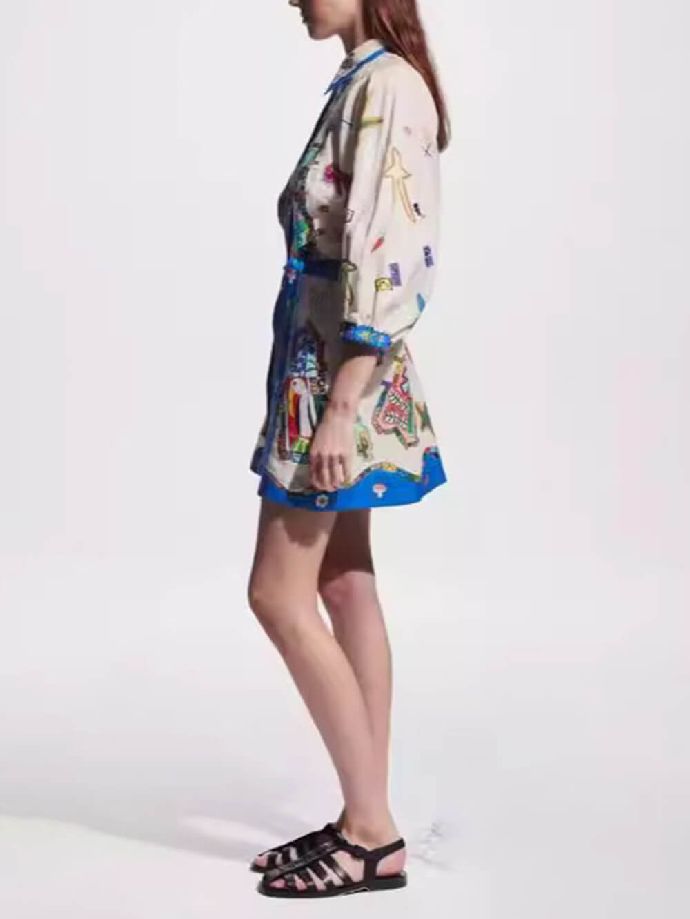 Women's blue peplum printed cardigan mini dress — alternate angle