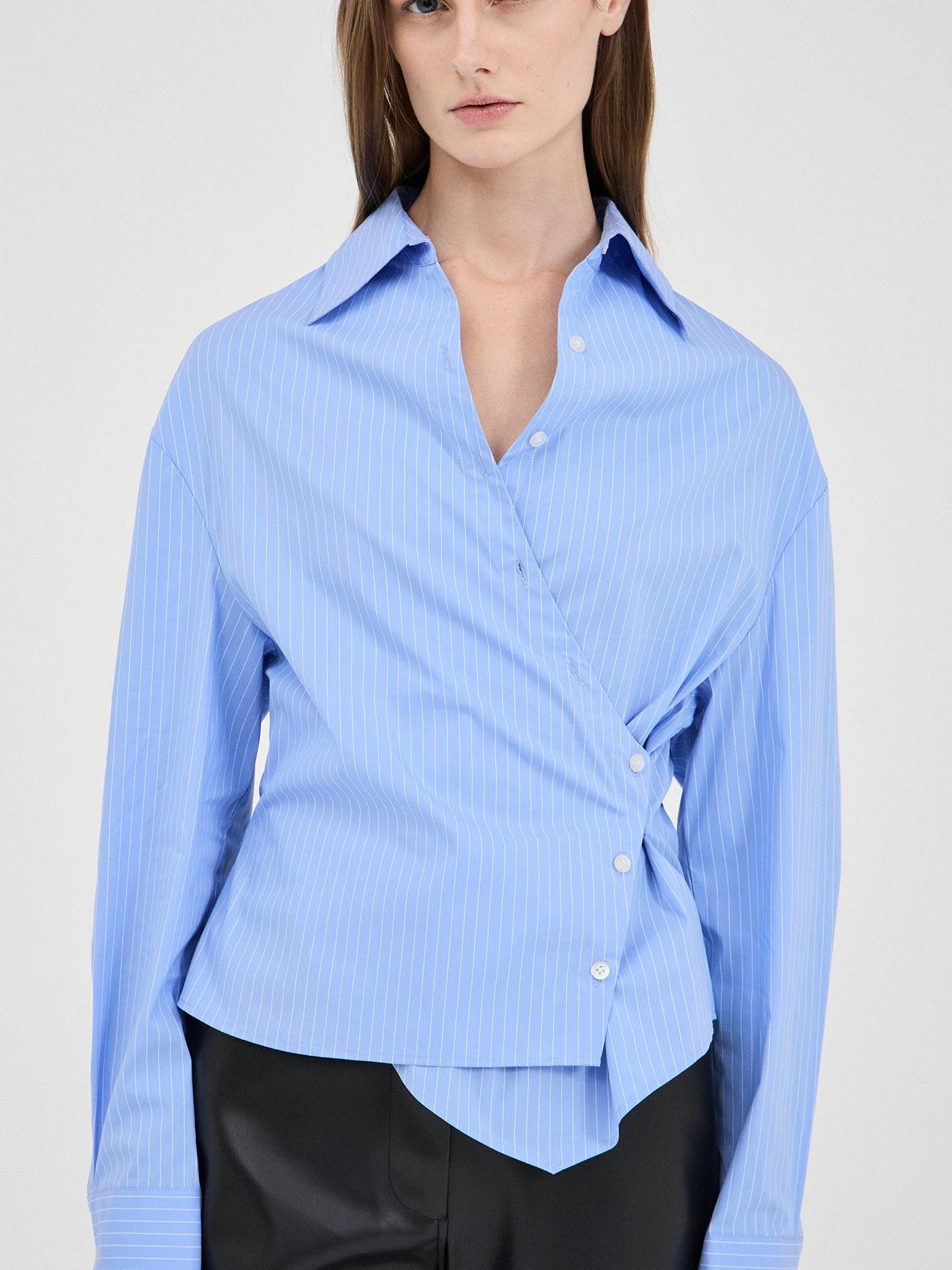 Women's Blue Pinstripe Wrap Shirt