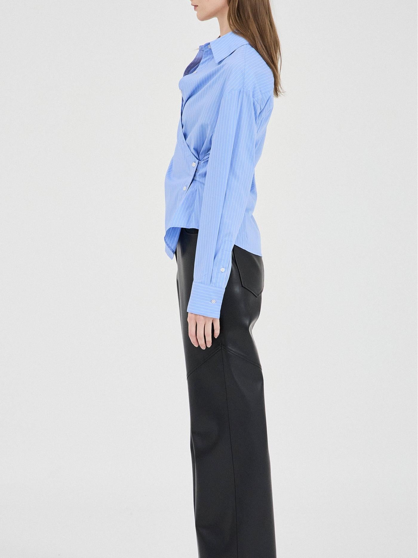 Women's Blue Pinstripe Wrap Shirt — styled look