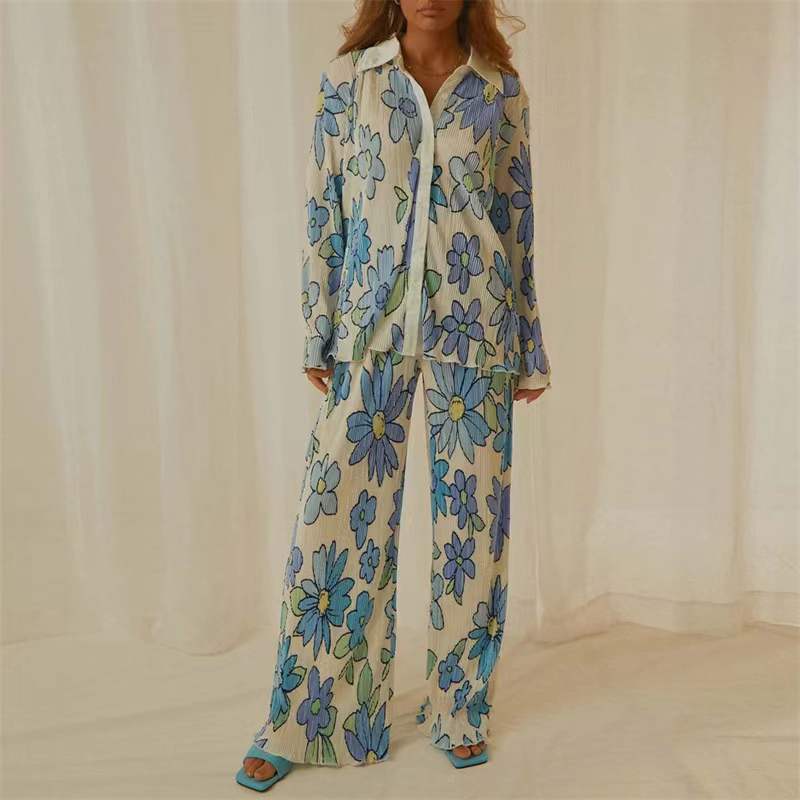Women's blue pleated shirt and pants set