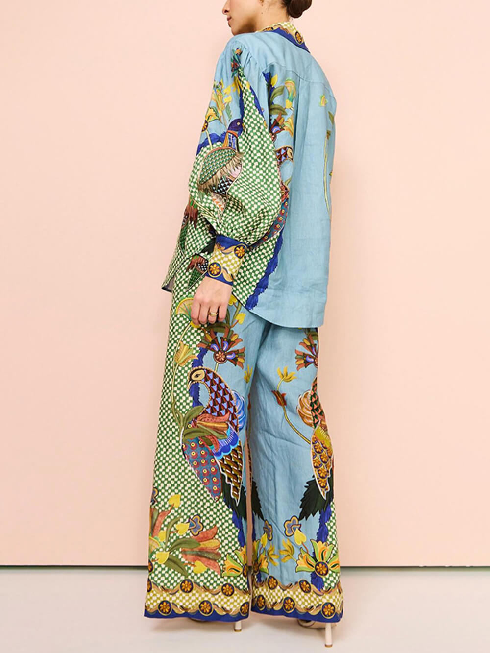 Women's Blue Puff-Sleeve Shirt & Trouser Set — alternate angle