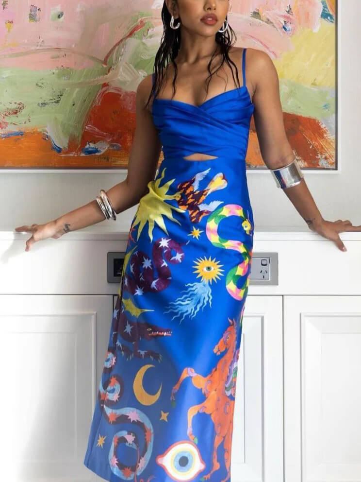 Women's blue satin backless printed midi dress — back view
