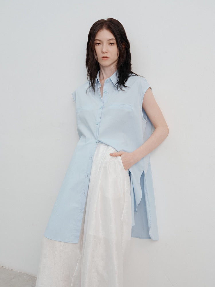 Women's blue sleeveless longline shirt, front view