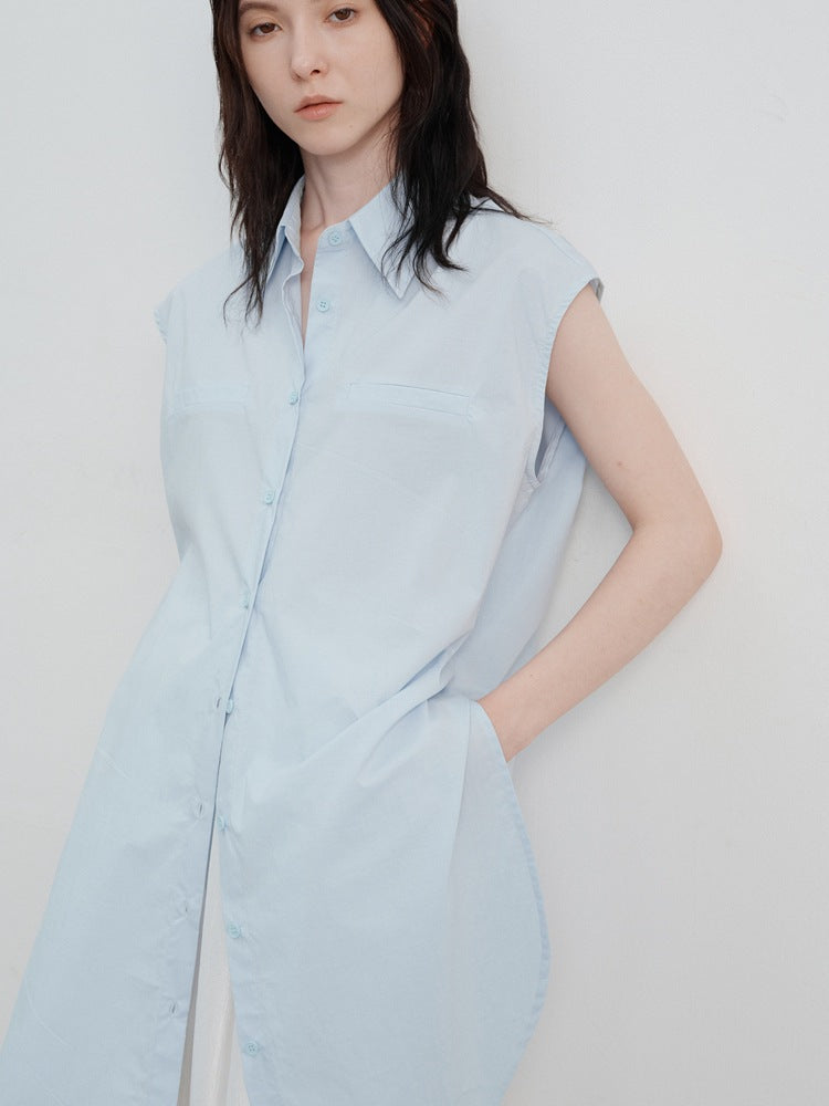 Women's blue sleeveless longline shirt — alternate angle