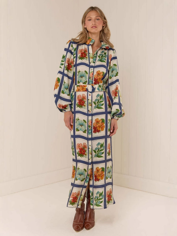 Women's blue long-sleeve stand collar maxi dress
