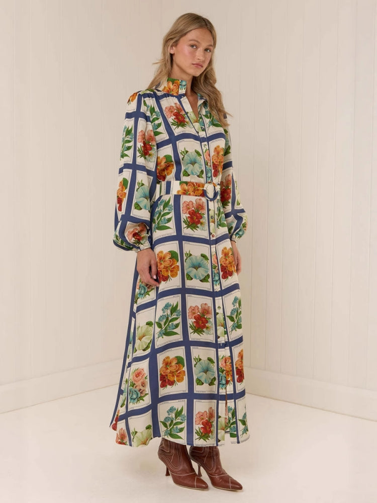 Women's blue long-sleeve stand collar maxi dress — back view