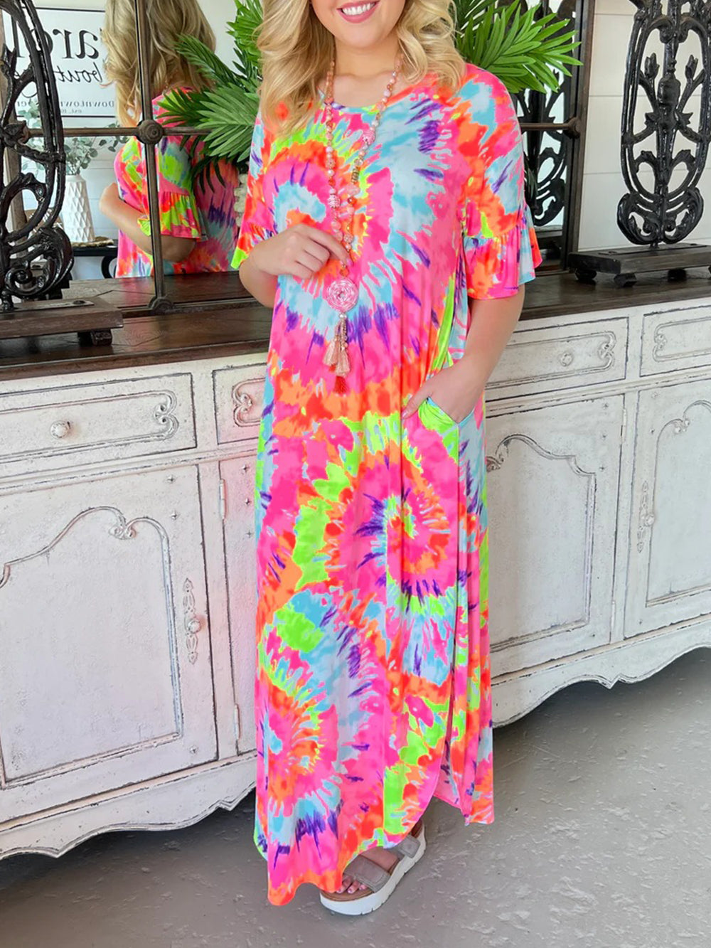 Women's blue tie-dye V-neck midi dress