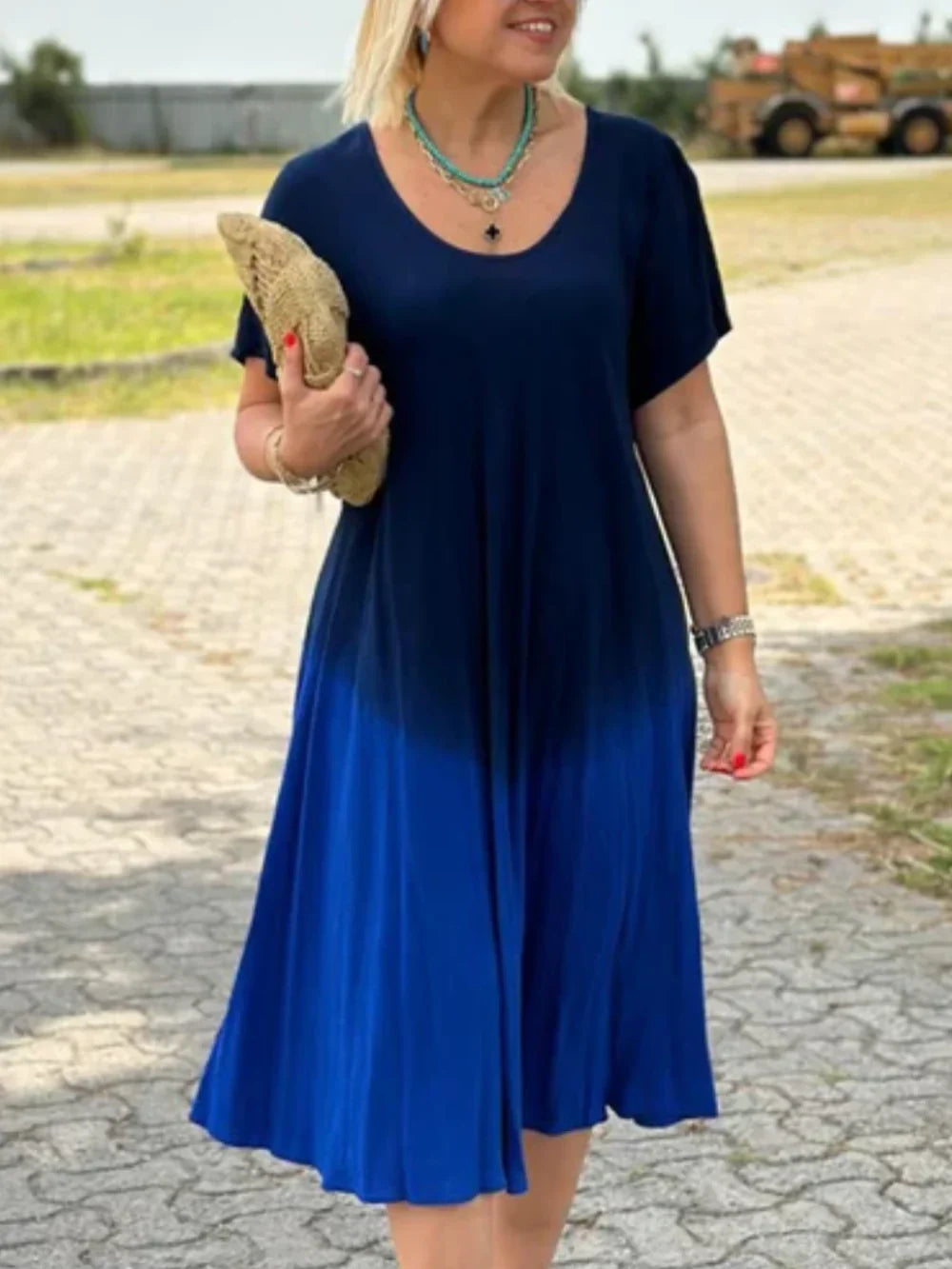 Women's blue tie-dye gradient flared midi dress