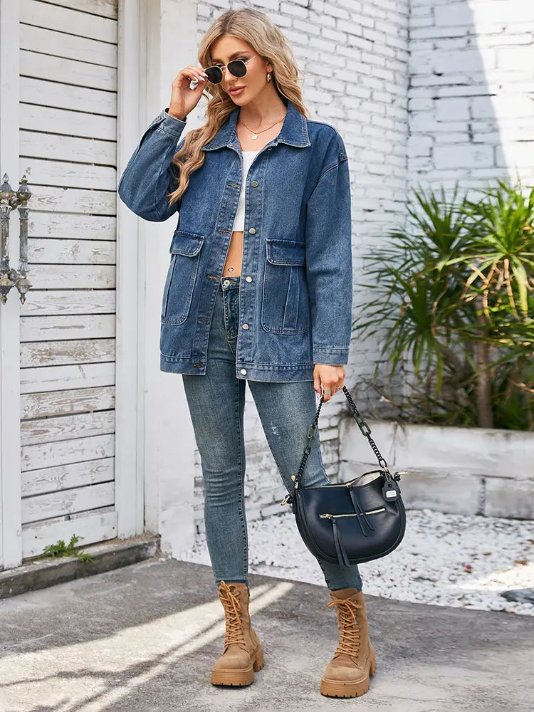 Women's Blue Washed Denim Trucker Jacket — side detail