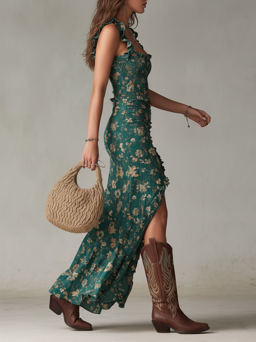 Floral Ruffle Strap Smocked Maxi Dress
