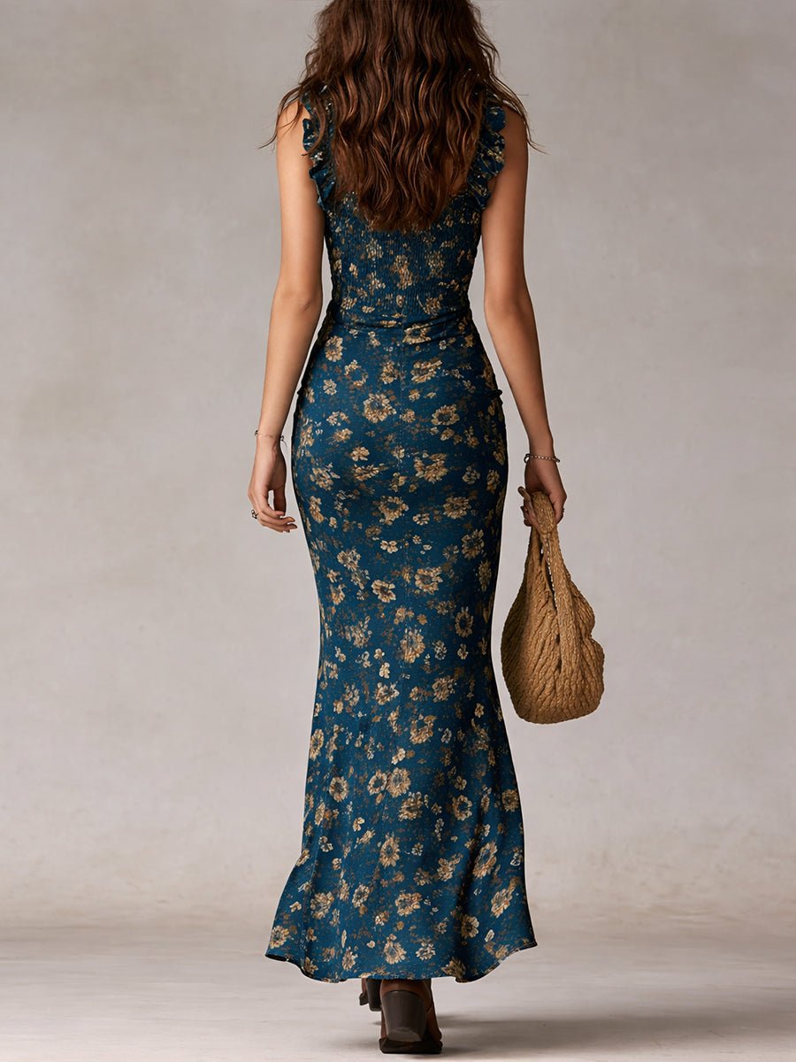 Floral Ruffle Strap Smocked Maxi Dress
