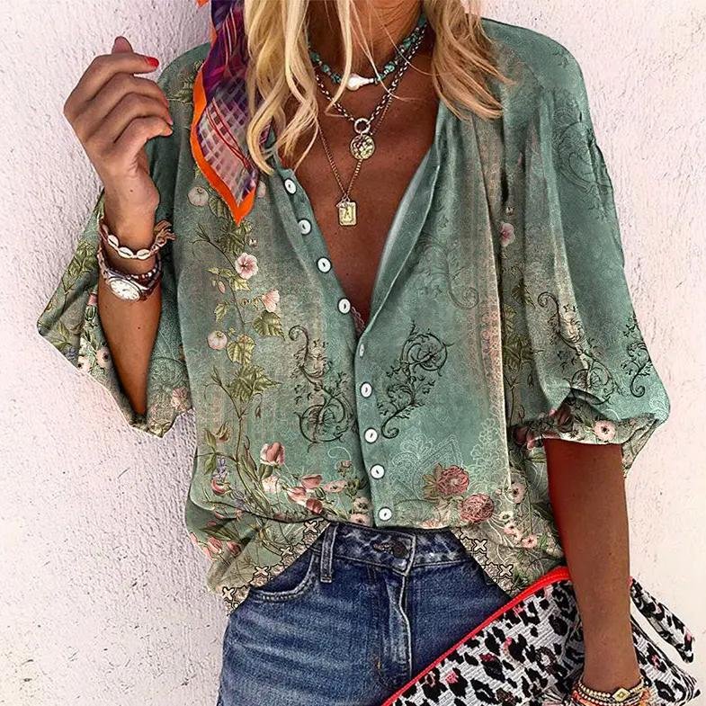 Floral V-Neck Button-Down Blouse