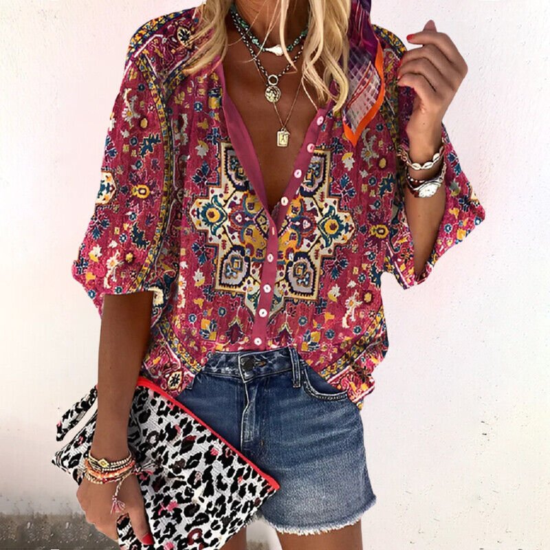 Floral V-Neck Button-Down Blouse