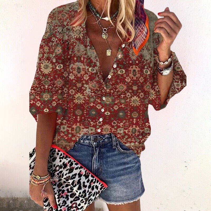 Floral V-Neck Button-Down Blouse