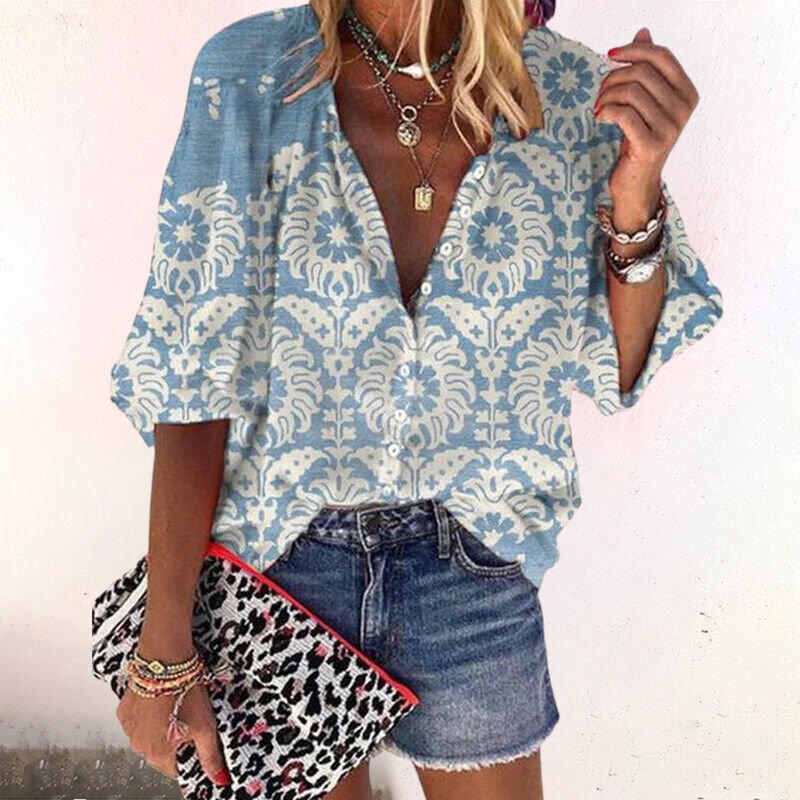 Floral V-Neck Button-Down Blouse