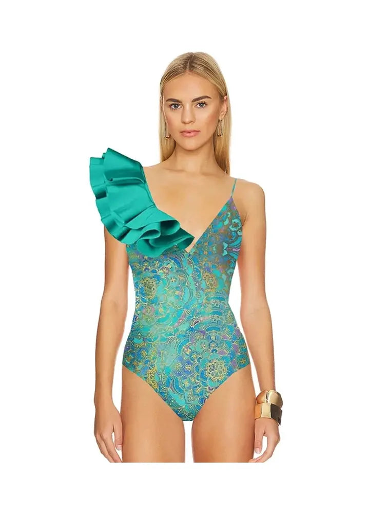 Women's boho ruffle swimsuit and wrap skirt set