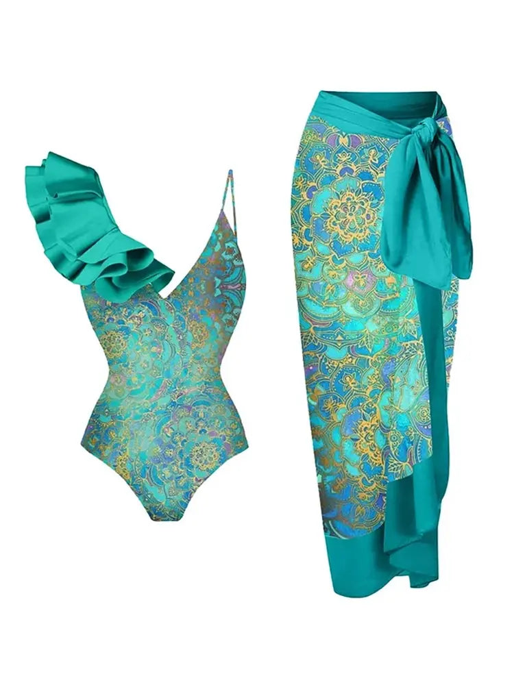 Women's boho ruffle swimsuit and wrap skirt set — front detail