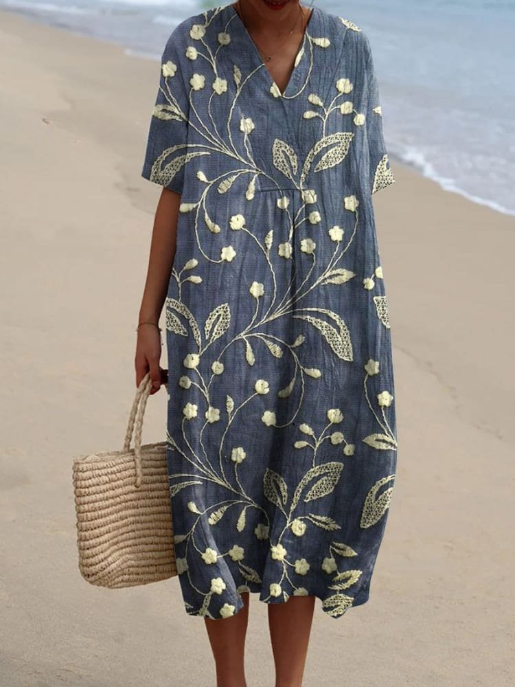 Striped V-Neck Relaxed Midi Dress