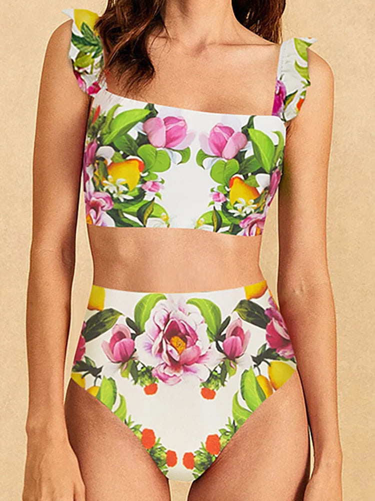 Women's botanical print high-waist bikini set — alternate angle