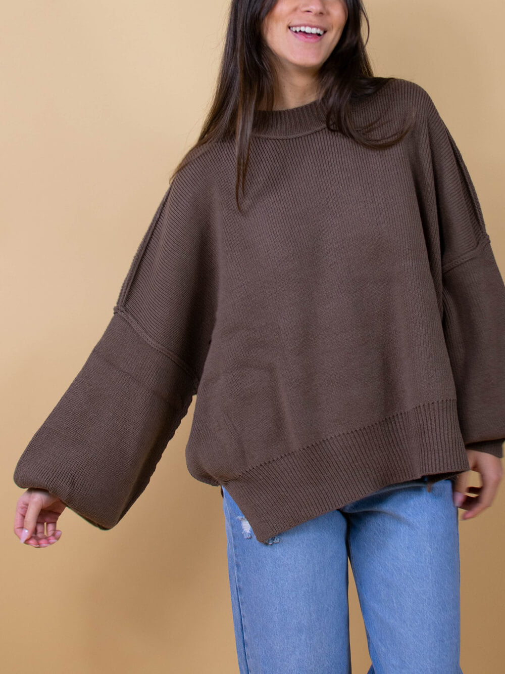 Women's Brown Balloon-Sleeve Sweater — styled view