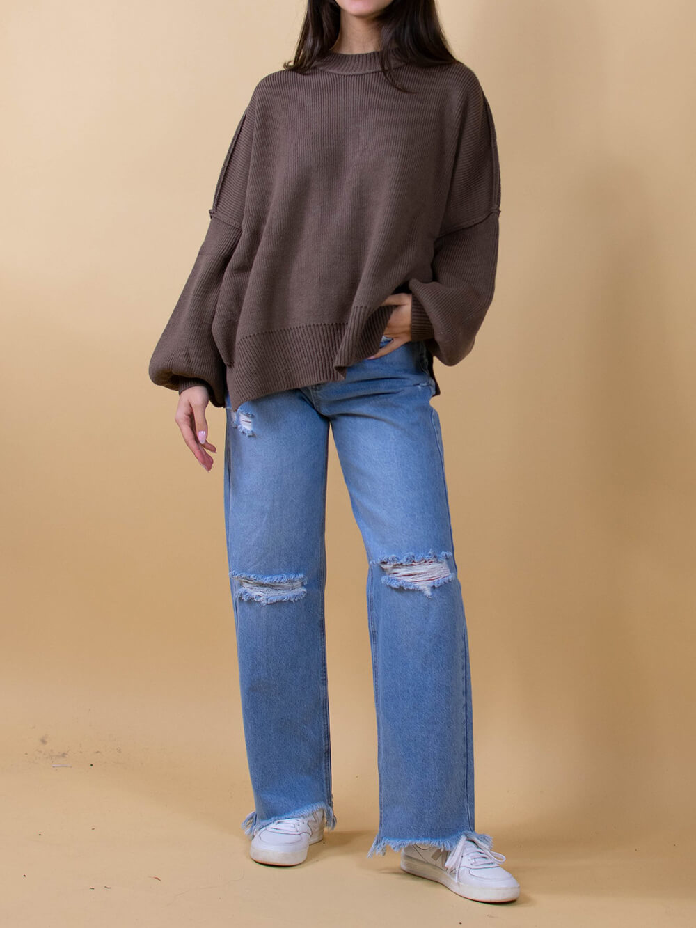 Women's Brown Balloon-Sleeve Sweater — detail shot