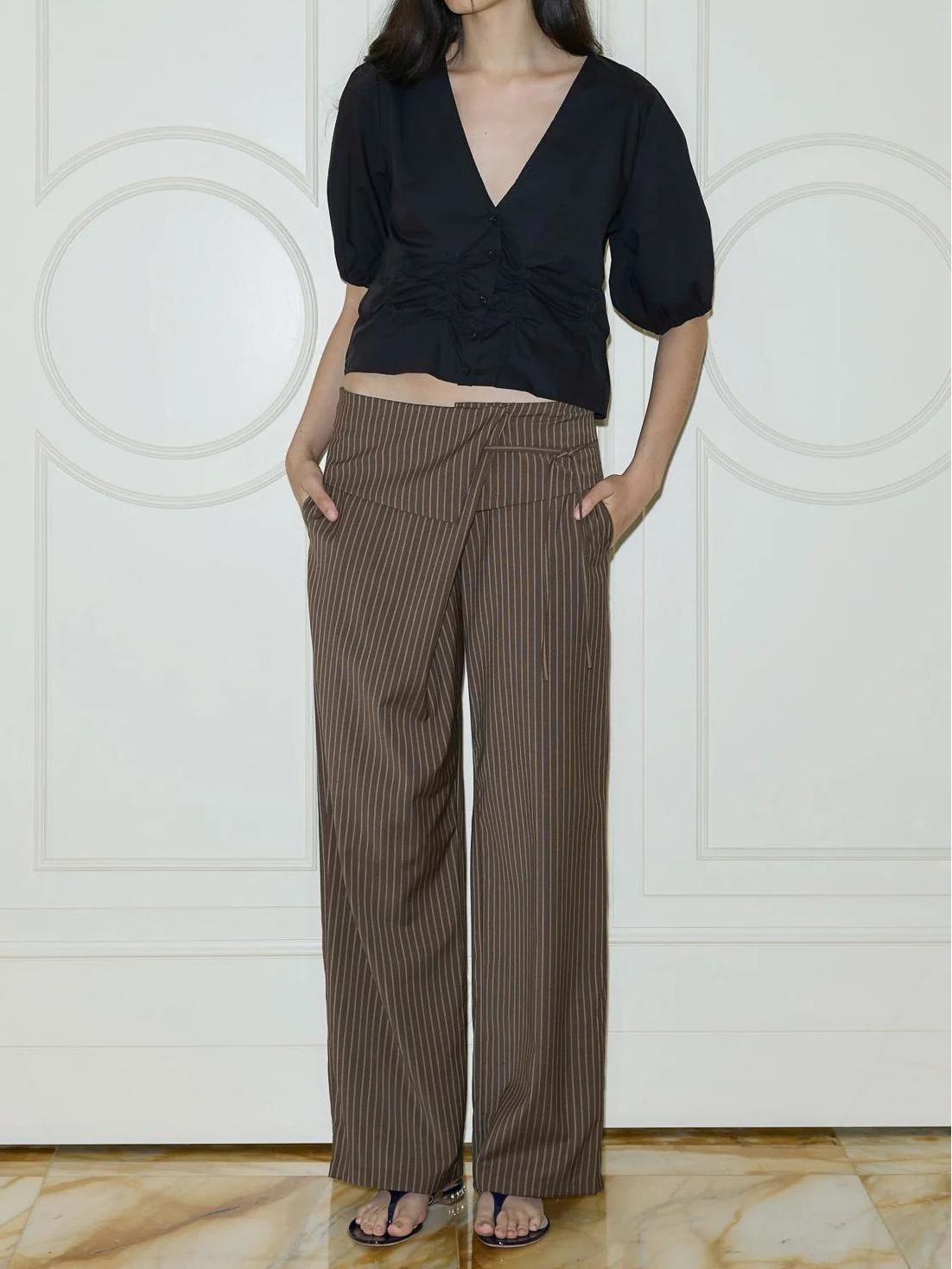 Women's brown folded overlay straight-leg trousers