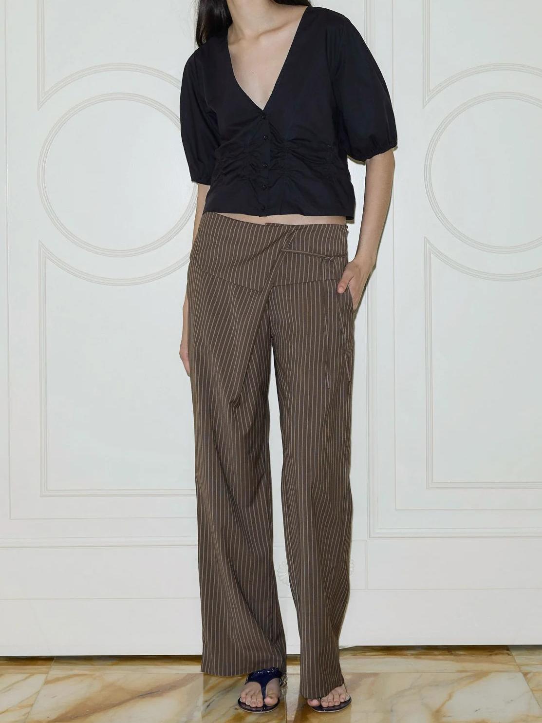 Women's brown folded overlay straight-leg trousers