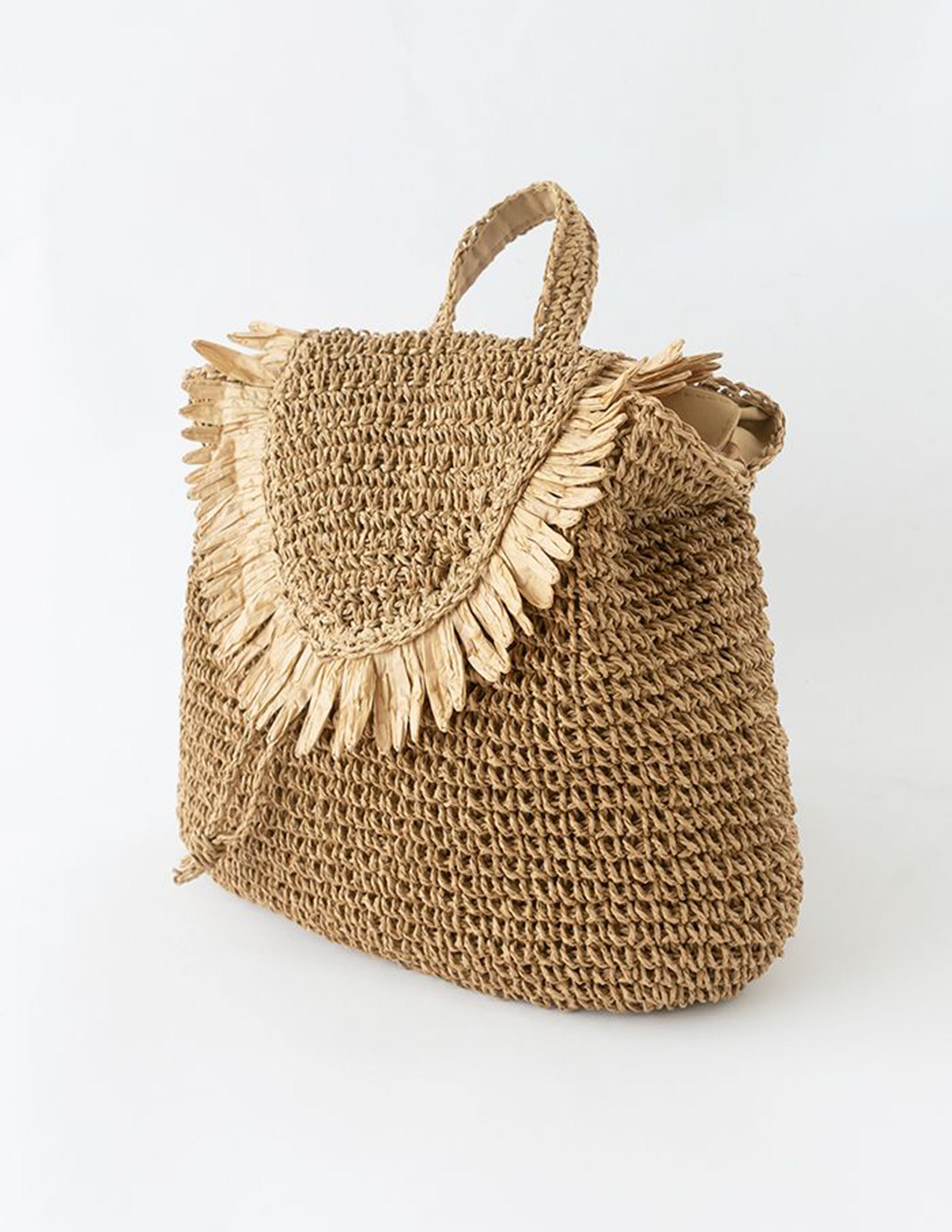 Women's brown fringed woven straw backpack