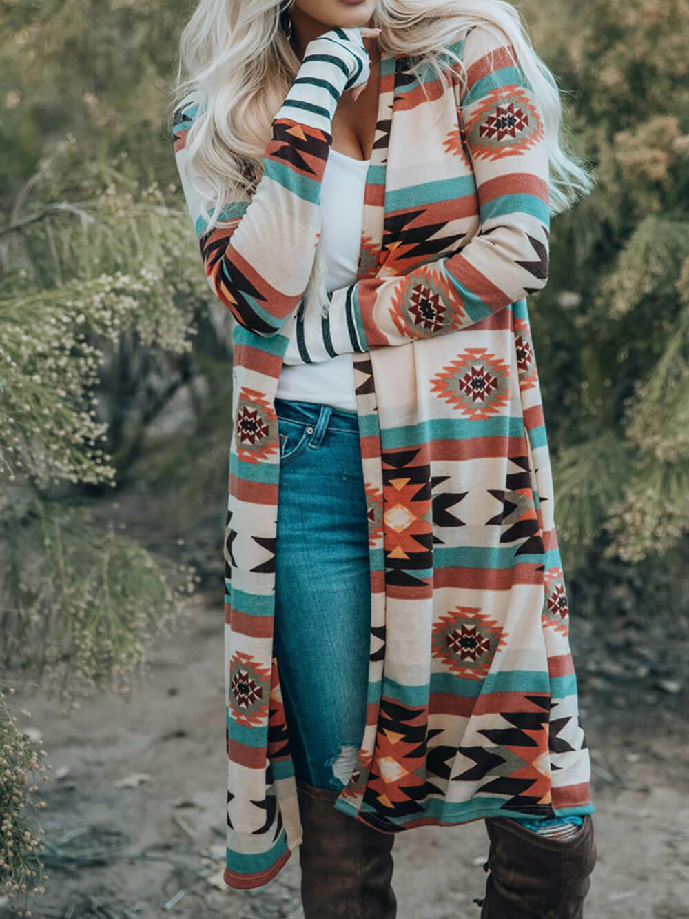 Women's Brown Geometric Colour-Block Cardigan