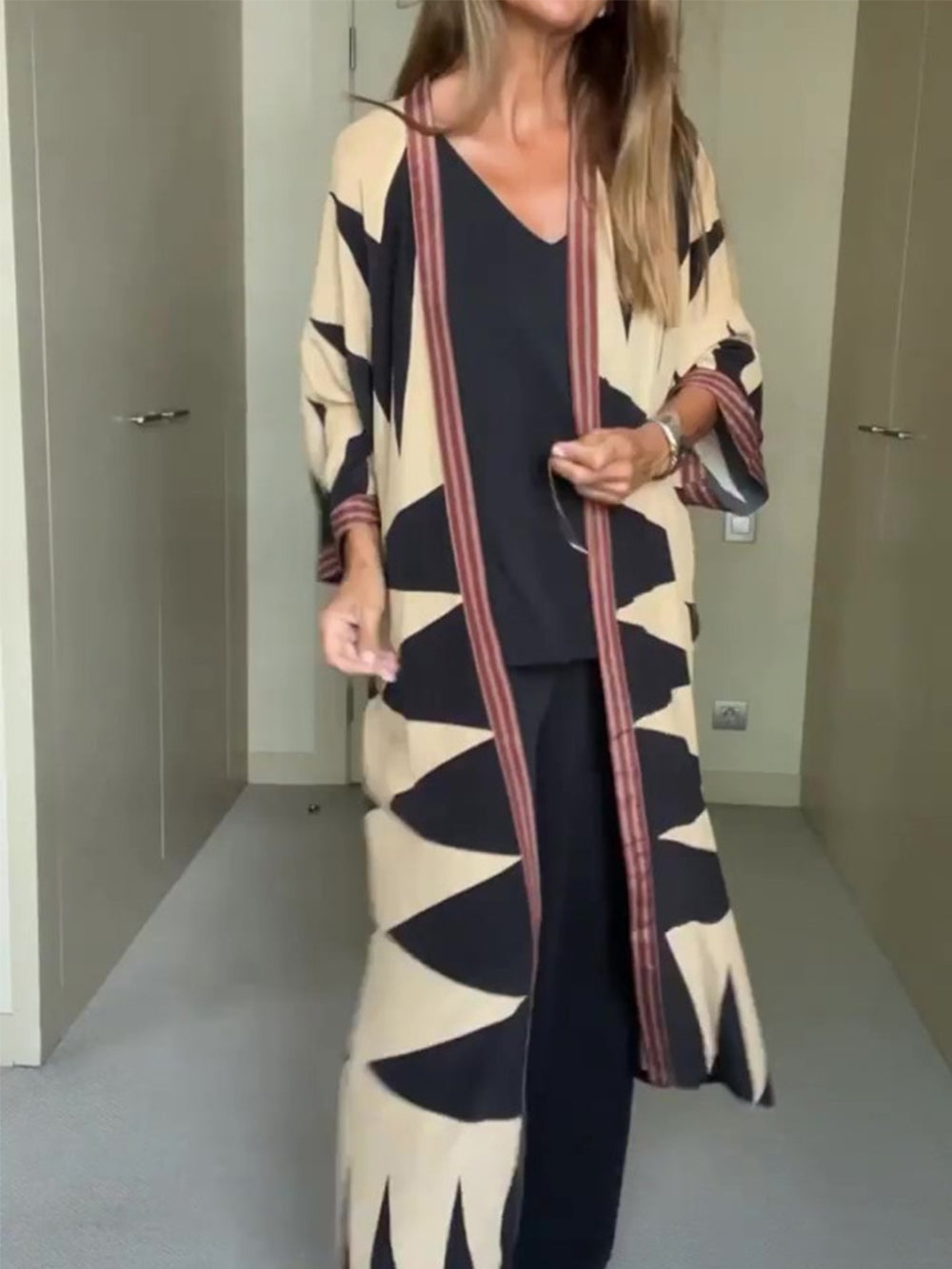 Women's brown geometric print longline cardigan