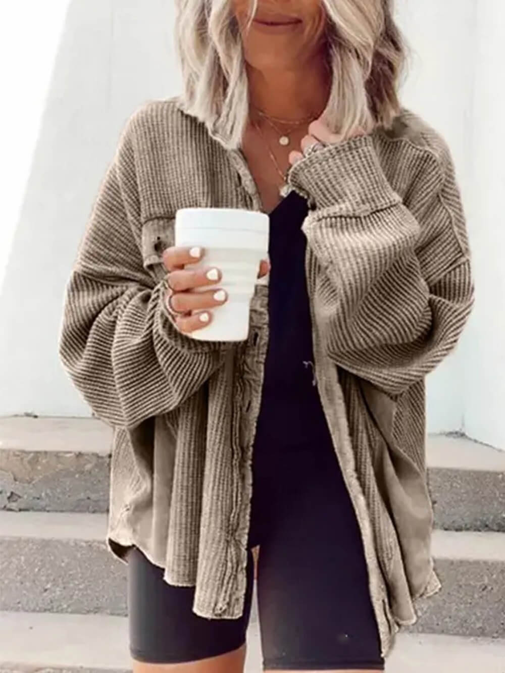 Women's brown lapel overshirt — fringed hem detail