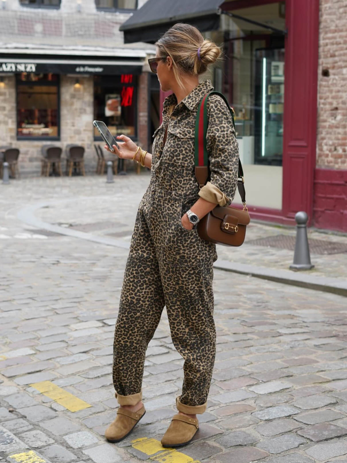 Women's Brown Leopard Print Long Sleeve Jumpsuit — back view