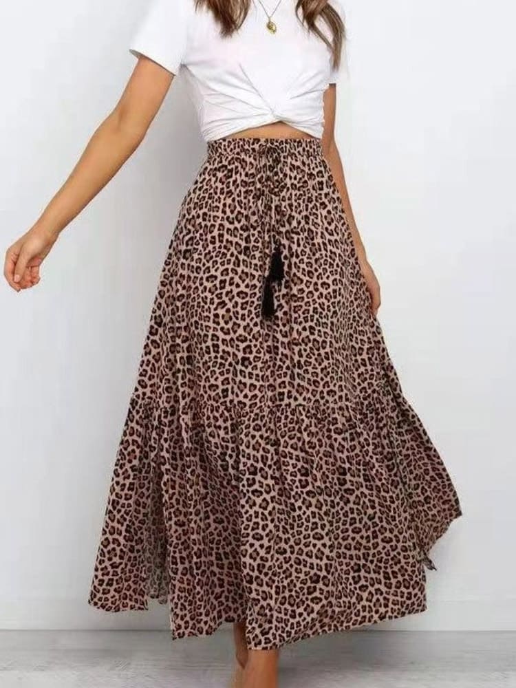 Women's Brown Leopard Print Maxi Skirt — full length
