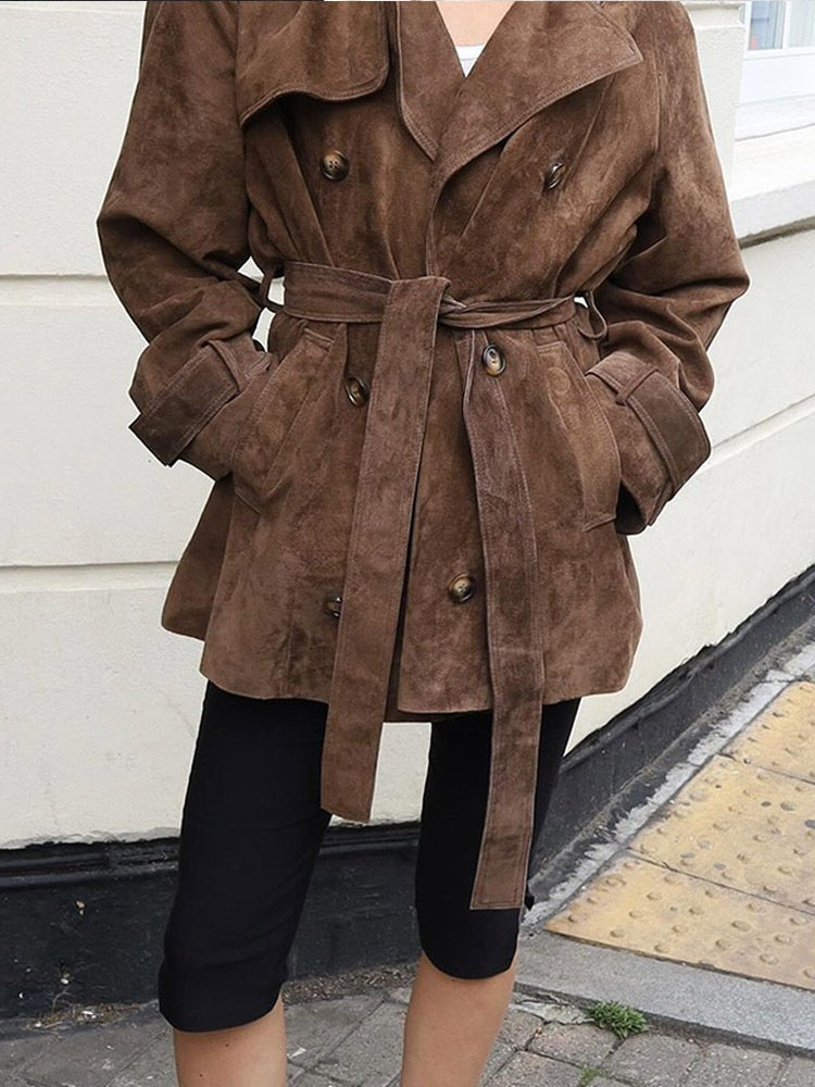 Women's brown longline winter coat, front view